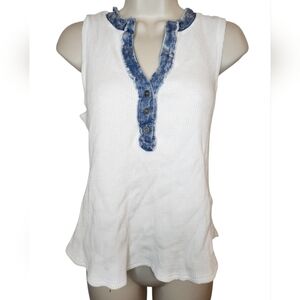 Mystree Waffle Knit Tank Top White Denim Trim Henley Small Boho